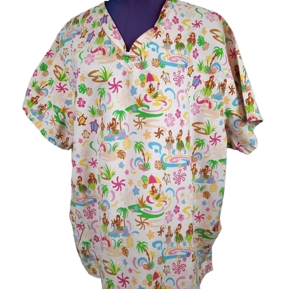 Uniforms Hawaii Medical Scrub Top Hula Girl Sea Turtles Light Pink Sz 2XL Unisex - Picture 8 of 8